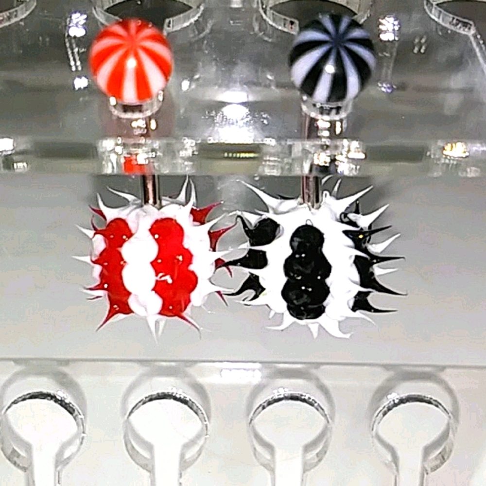 Red & Black Candy striped Koosh ball belly rings